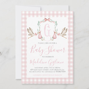 Invitation Fille Baby shower de cigogne Preppy En vichy rose