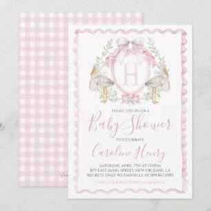 Invitation Fille Baby shower de cigogne Preppy En vichy rose