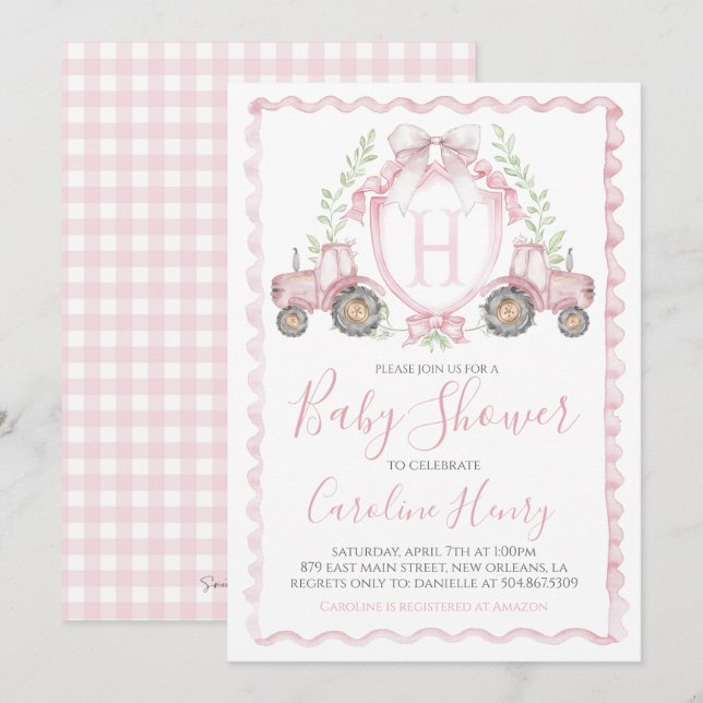 Invitation Fille Baby shower de ferme En vichy rose (Devant / Derrière)