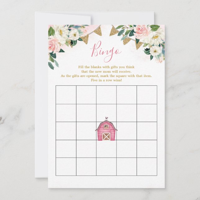 Invitation Fille Baby shower de ferme rose Jeu de Bingo (Devant)