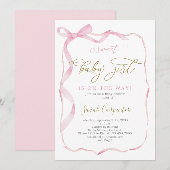 Invitation Fille Baby shower de la ceinture rose (Devant / Derrière)