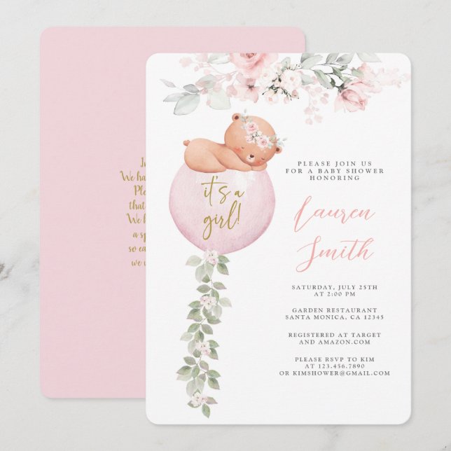 Invitation Fille Baby shower de l'ours rose Teddy (Devant / Derrière)