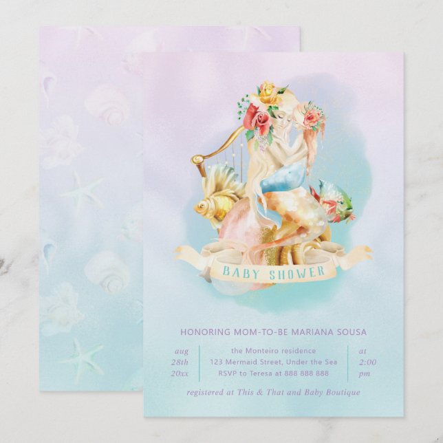 Invitation Fille Baby shower de Mermaid sous le Turquoise de  (Devant / Derrière)