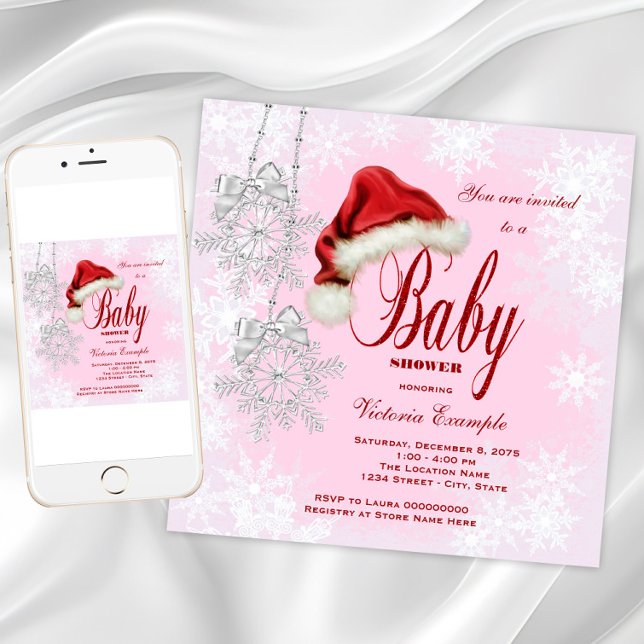 Invitation Fille Baby shower de Noël Santa Hat Snowflake (Pink snowflake Christmas baby shower invitation. Instant download and printed invitations available.)