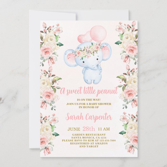 Invitation Fille Baby shower Eléphant rose pâle (Devant)
