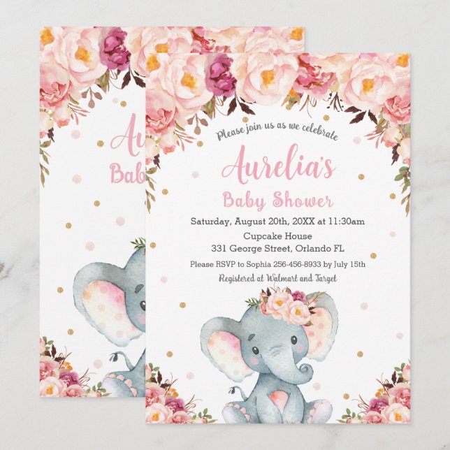 Invitation Fille Baby shower Eléphant rose pâle (Devant / Derrière)