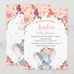 Invitation Fille Baby shower Eléphant rose pâle