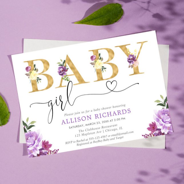 Invitation Fille baby shower fleurie violet et or (Créateur téléchargé)