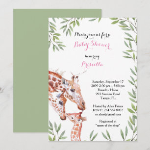 Invitation FILLE Baby shower, girafe, blanche, amande, feuill