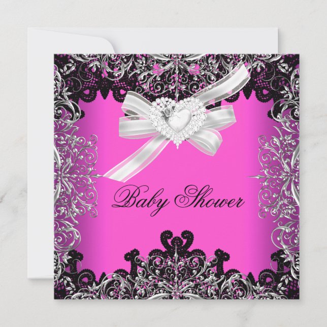 Invitation Fille Baby shower Joli rose chaud noir (Devant)