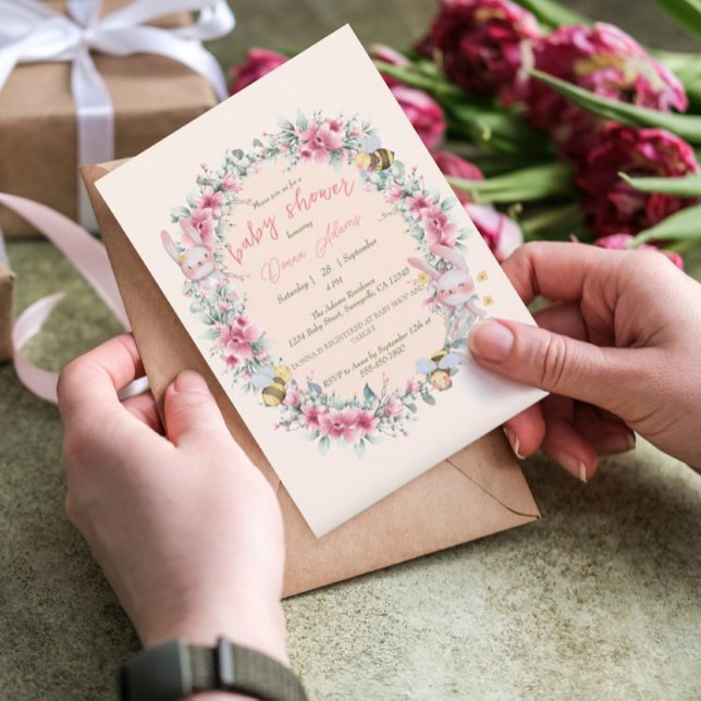 Invitation Fille Baby shower lapin rose rose mignon (Créateur téléchargé)