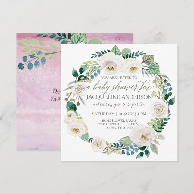 Invitation Fille Baby shower Lavande et Roses Blanches Wreath (Devant / Derrière)