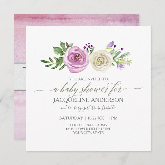 Invitation Fille Baby shower Lilac n Roses Blanches Feuillage (Devant / Derrière)