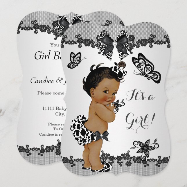 Invitation Fille Baby shower Papillon noir blanc ethnique (Devant / Derrière)