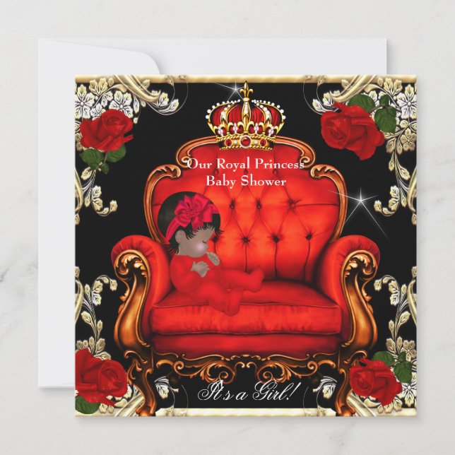 Invitation Fille Baby Shower Princesse Chaise Rose Rouge Or 3 (Devant)