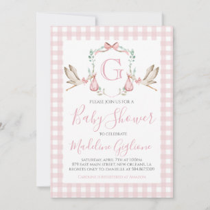 Invitation Fille Baby shower rose En vichy cigogne Monogramme