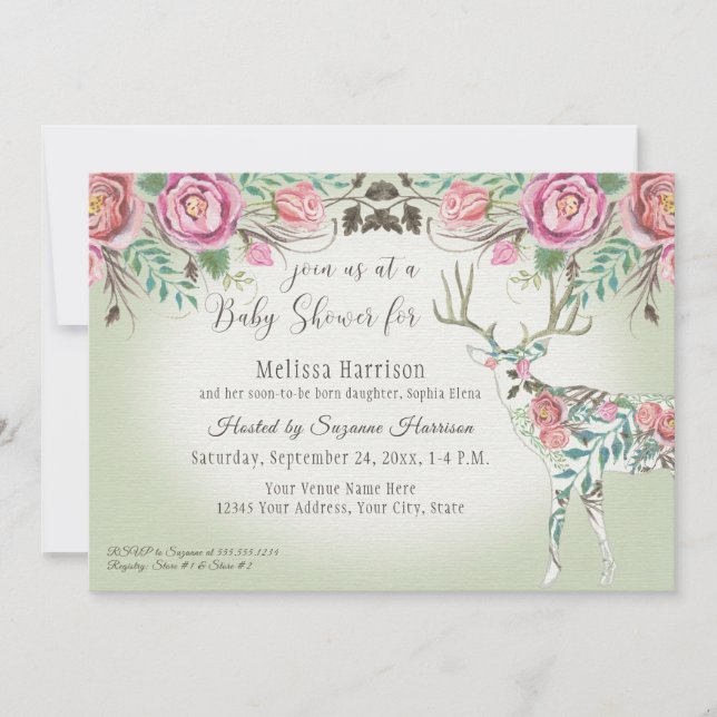 Invitation Fille Baby shower Rose Floral Deer Antler (Devant)