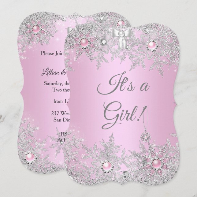 Invitation Fille Baby shower rose hiver WonderLand (Devant / Derrière)