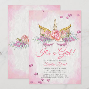 Invitation Fille Baby shower rose Imaginaire Sleepy Unicorn