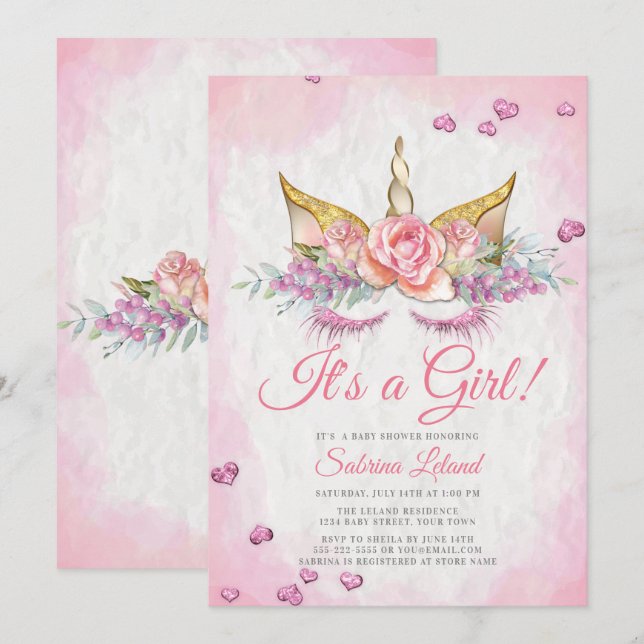 Invitation Fille Baby shower rose Imaginaire Sleepy Unicorn (Devant / Derrière)