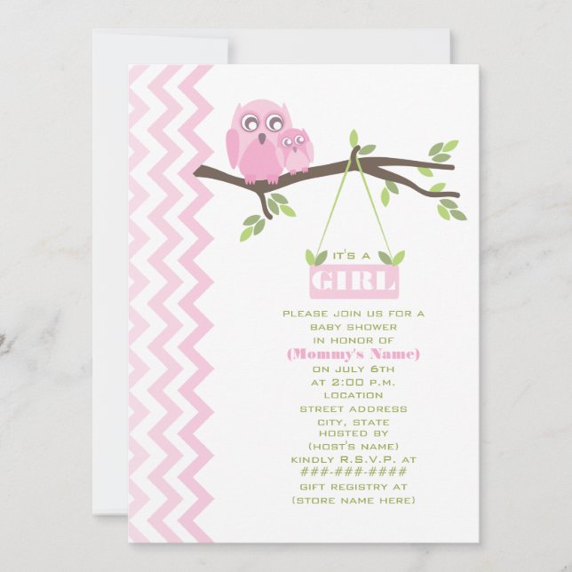 Invitation Fille Baby shower Rose Mère & Chouette Bébé (Devant)