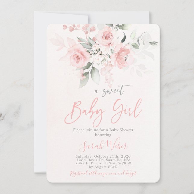 Invitation Fille baby shower rose pâle (Devant)