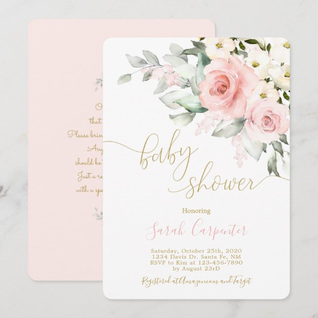 Invitation Fille baby shower rose pâle (Devant / Derrière)