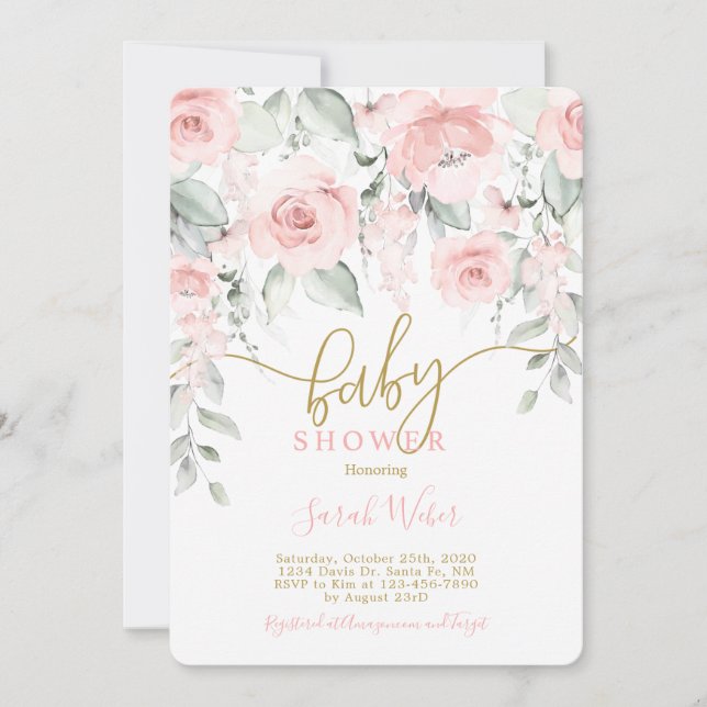 Invitation Fille baby shower rose pâle (Devant)
