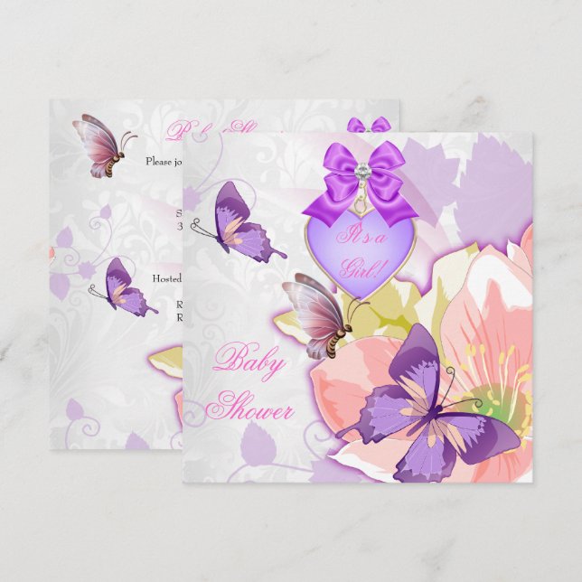 Invitation Fille Baby shower rose papillon violet Floral 2 (Devant / Derrière)