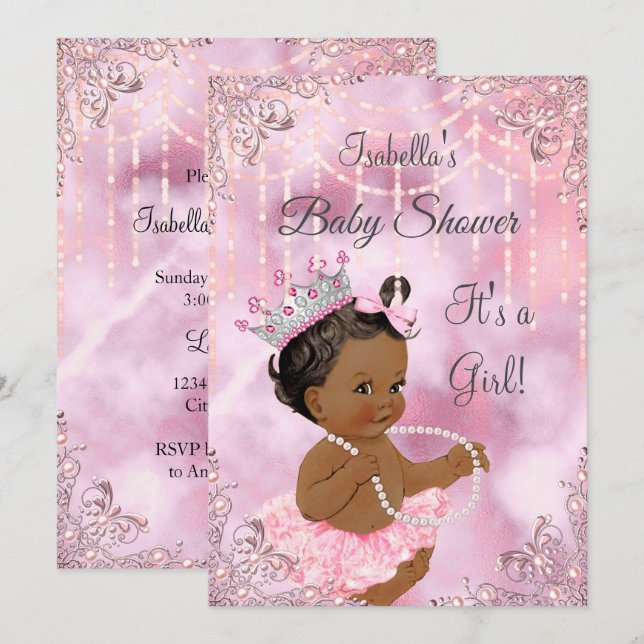 Invitation Fille Baby shower rose Pearl Africain Américain (Devant / Derrière)