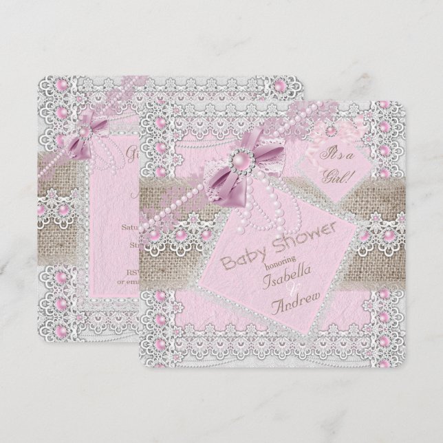 Invitation Fille Baby shower rose Perle Bow Lace Burlap 2 (Devant / Derrière)