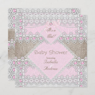 Invitation Fille Baby shower rose Perle Bow Lace Burlap 3