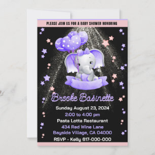 Invitation Fille Baby shower rose pourpre Argent bébé Eléphan