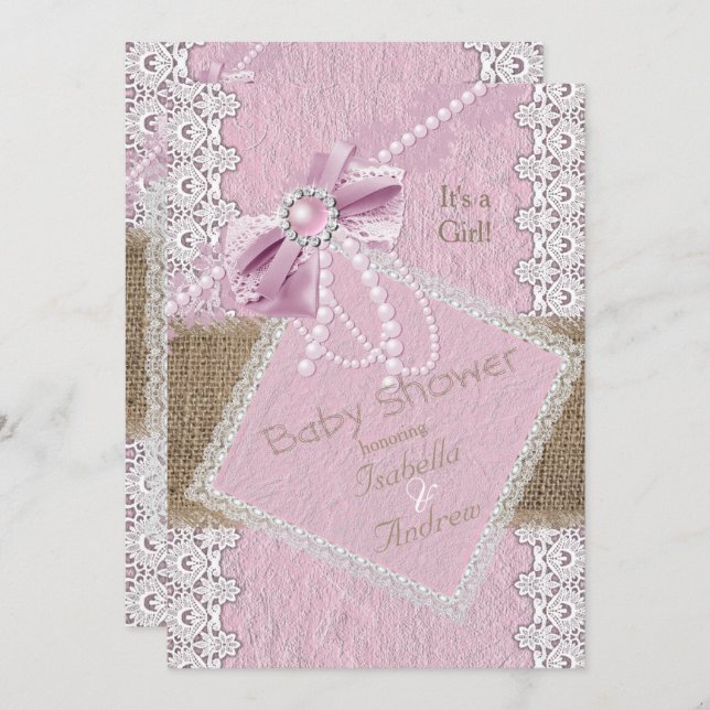 Invitation Fille Baby shower Rustique Bow Rose Pearl Lace Bur (Devant / Derrière)