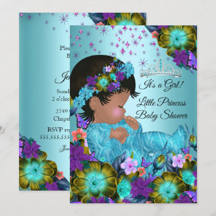 Invitation Fille Baby shower Turquoise Bleu pourpre Floral Et