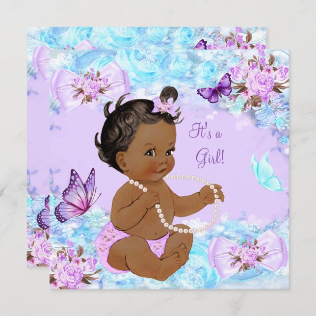 Invitation Fille Baby shower Turquoise Papillon pourpre Ethni (Devant / Derrière)