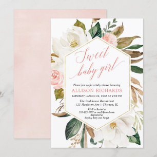 Invitation Fille baby shower verdoyante magnolia florale