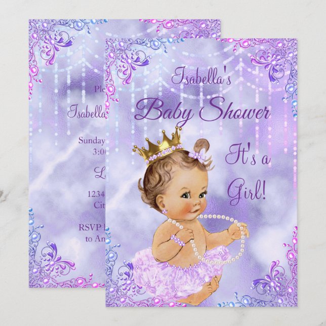 Invitation Fille Baby shower violet Lilac Pearl Brunette (Devant / Derrière)