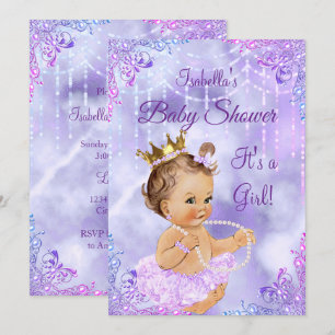 Invitation Fille Baby shower violet Lilac Pearl Brunette