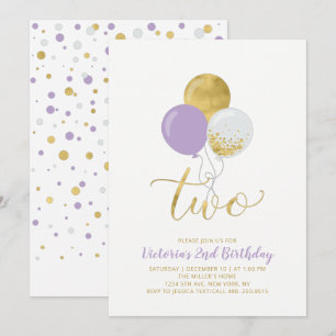 Invitation Fille Ballons Violets et Dorés Fête d'anniversaire