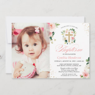 Invitation Fille Baptême Christening Photo Blush Rose Floral