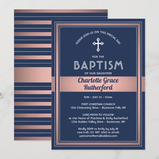 Invitation Fille Baptême Élégant Marine bleu rose Rose Or (Devant / Derrière)