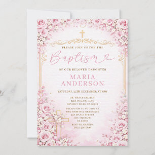 Invitation Fille Baptême Floral Rose Fleur Croix Religion
