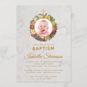 Invitation Fille Baptême Photo Rose Wreath Cross Marbre Flora