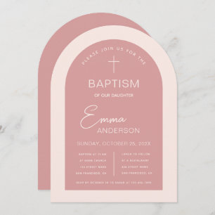 Invitation Fille Baptême rose Arche moderne Script Dusty Rose