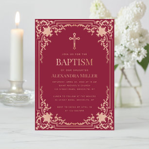 Invitation Fille Baptême Rose Bourgogne Rose Gold Cross Éléga