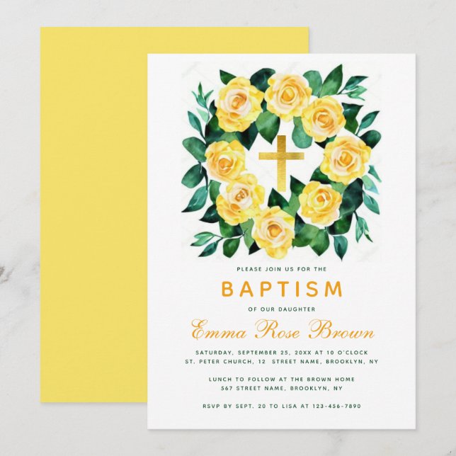 Invitation Fille Baptême Rose Jaune Wreath Faux Gold (Devant / Derrière)