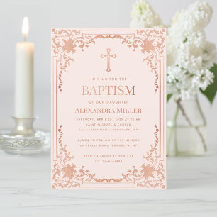 Invitation Fille Baptême Rose Or Blush Rose Vintage Élégant