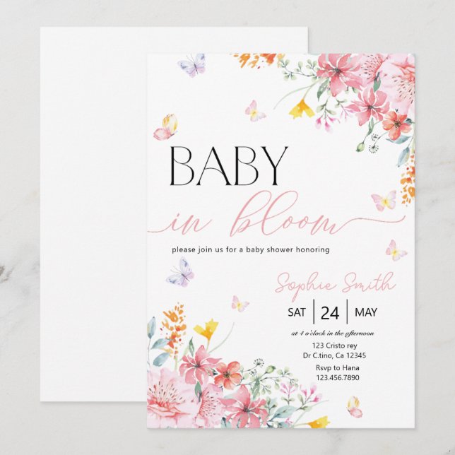 Invitation Fille bébé dans le Baby shower papillon en fleurs (Devant / Derrière)