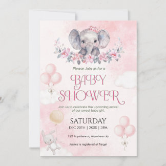 Invitation Fille Bébé Eléphant Rose Aquarelle Baby Shower